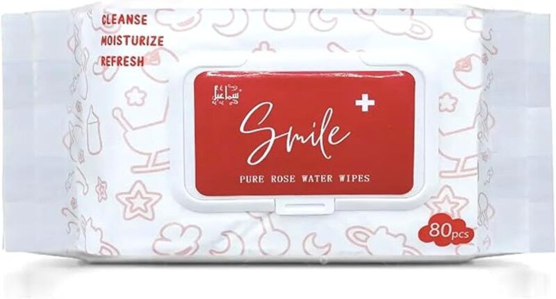 Smile Pure Rose Water Wipes, 80 count, Cleanse, Moisturize, Refresh, Hypoallergenic, 100% Organic. Pack of 1